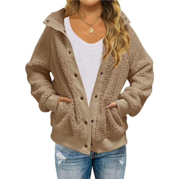 Jackets & Blazers - Womens Fleece Sherpa Jacket Khaki